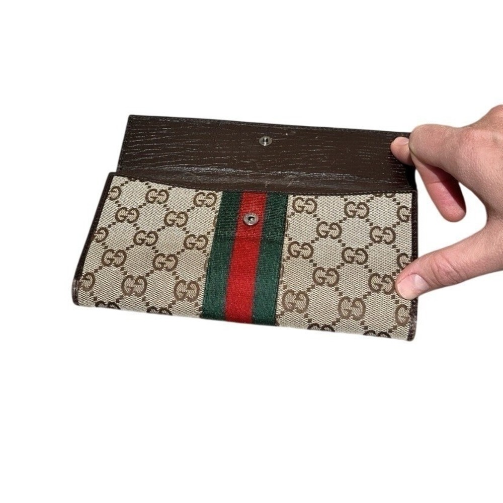 Vintage Gucci GG Canvas Web Stripe Continental Wallet Jackie Clasp Leather Italy - Picture 7 of 13